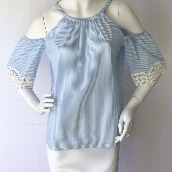 Ann Taylor Tops - Ann Taylor Light Blue Striped Top Cold Shoulder with Lace Accents Small
